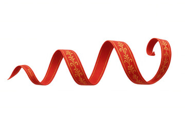 Fototapeta premium Red ribbon with golden floral pattern swirling, decorative textile element for celebration and gift design