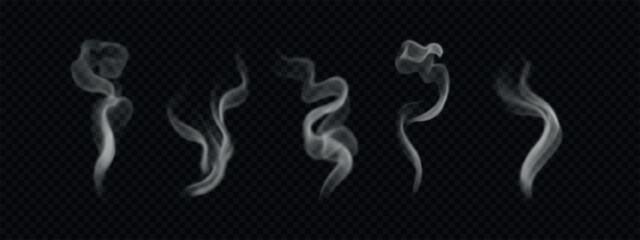 Set of hot smoke, bbq fog, vapor from coffee and food. Various wavy and swirl vector steam isolated on transparent backdrop