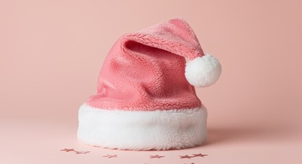 pink santa hat on a pastel background with scattered star confetti for christmas celebration
