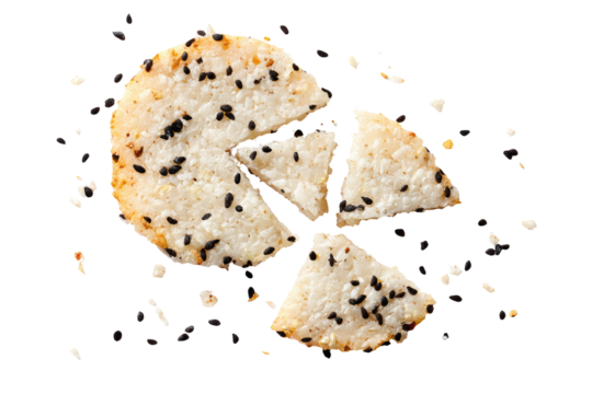 Round, light-colored crackers, sliced into segments, scattered with black seeds and light-colored specks, presented on a black background
