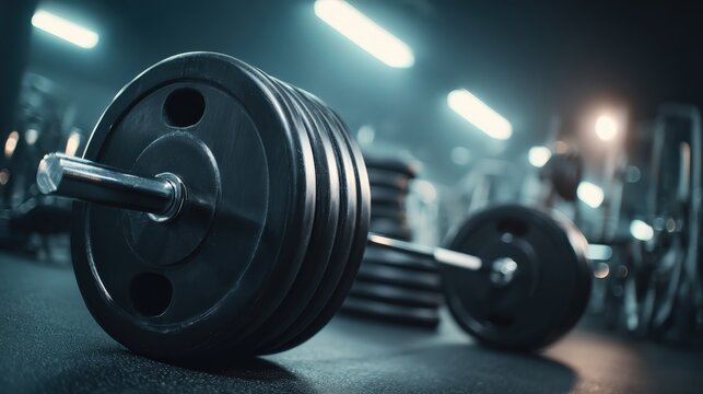 Close up of weightlifting equipment in gym environment under dramatic lighting
