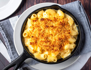 Golden Baked Macaroni and Cheese in Cast Iron Skillet, Comfort Food Delight.