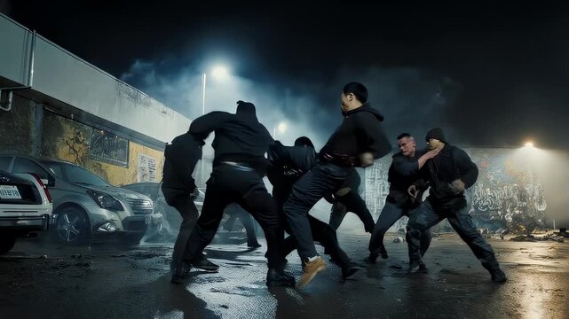 A group of figures engage in a fight at night, with cars in the background
