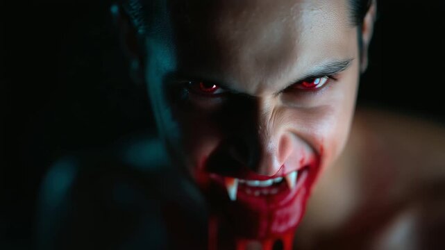 Terrifying vampire with blood dripping from sharp fangs, glowing red 