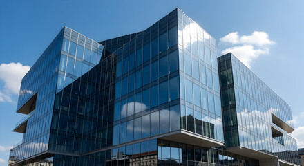 Modern Glass Office Building Exterior Reflecting the Sky with Geometric Architectural Design