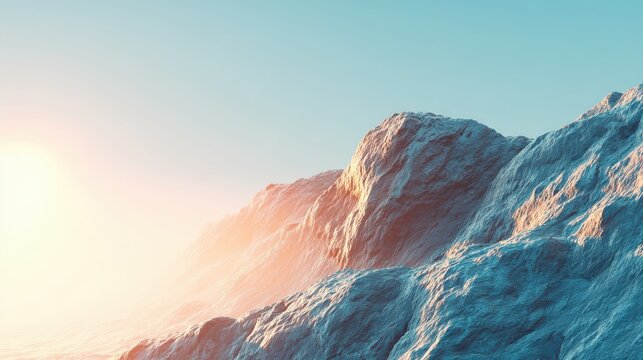 Majestic sunlit mountain range with soft textured peaks under clear blue sky