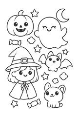 Funny cartooncoloring book for kids with cute characters and simple outlines - Halloween doodle