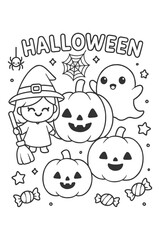 Halloween cartoon icon set with funny characters and skulls for kids coloring book