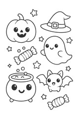 Funny cartoon character set with cute smiling icons vector illustration - Halloween doodle coloring