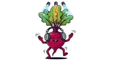 A beetroot with headphones and disco lights, dancing fun character art on white background