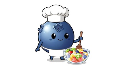 A blueberry chef cooking fruit salad, adorable character design on white background.