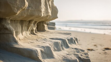 Textured beach rock formation under soft sunlight with gentle ocean waves in background