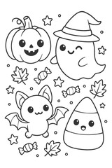 Funny cartoon vector illustration cute holiday character set - Halloween doodle coloring