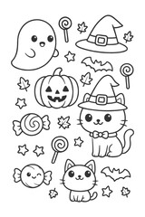 Cute cartoon animal and monster faces set with funny expressions and playful designs - Halloween doodle coloring