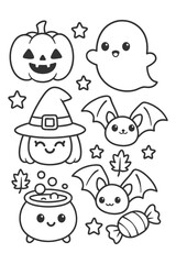 Funny cartoon monster character set with cute smiling faces and playful animal friends - Halloween doodle coloring