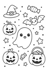Funny Halloween Cartoon Monsters Vector Set with Pumpkins Ghosts Bats and Witches