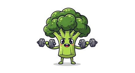 A cute broccoli lifting small dumbbells with determination, fitness vegetable cartoon