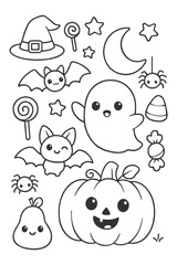 Funny cartoon set with smiling faces vector illustration pattern - Halloween doodle coloring
