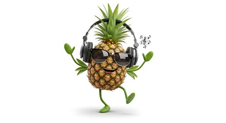 A dancing pineapple with sunglasses and headphones enjoying tropical music, white background