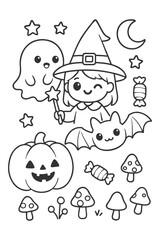 Cute cartoon Halloween doodle icons set coloring book style vector illustration