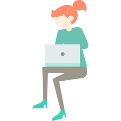 Flat Design Illustration of a Woman With Red Ponytail Hair in Teal Top and Grey Pants Using a Laptop Computer in Turquoise Shoes Isolated on Transparent Background