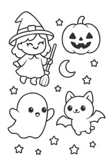 Funny cartoon character set with playful illustrations - Halloween doodle coloring