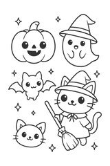 Funny cartoon characters collection for kids and holidays vector illustration - Halloween doodle coloring