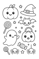 Funny cartoon monster and cloud vector set with cute smiling faces for kids and children design collection - Halloween doodle coloring