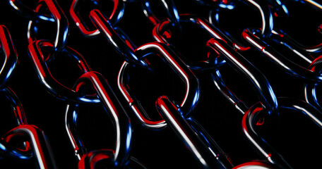 Abstract background of strong steel chains with dramatic red and blue cinematic lighting.3d rendering