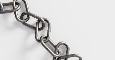 Simple and minimalist close-up of an industrial iron chain with soft shadows on a white surface.3d rendering