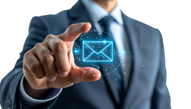 ビジネスシーンで情報管理を象徴するメールアイコン操作｜背景なし・透過PNG・コピースペース - Powered by Adobe