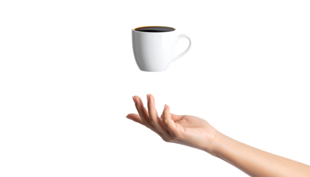 ビジネスシーンを象徴する浮遊コーヒーカップと手のジェスチャー｜背景なし・透過PNG・コピースペース - Powered by Adobe