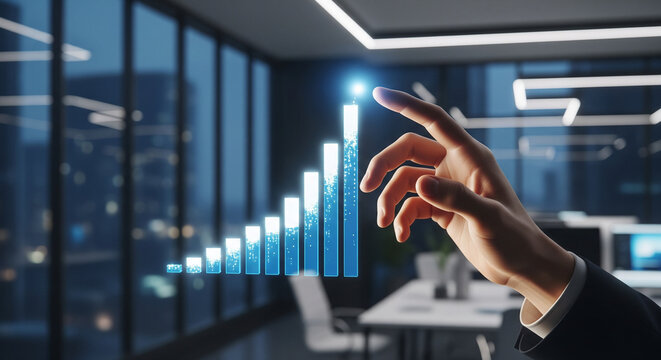 Professional business analyst using a futuristic holographic interface to check financial data showing corporate growth and success - Powered by Adobe