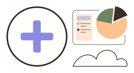 Obraz premium Plus sign, analytics chart, and cloud icon symbolize healthcare data, cloud storage, and business analysis. Ideal for medical analytics, digital tools, cloud systems, technology teamwork planning
