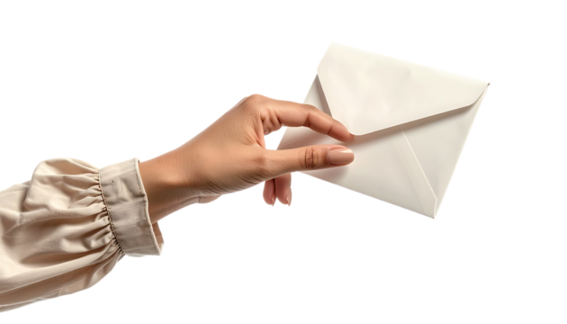 浮かぶ封筒に触れるビジネスウーマンの手が象徴するデジタルコミュニケーション｜背景なし・透過PNG・コピースペース