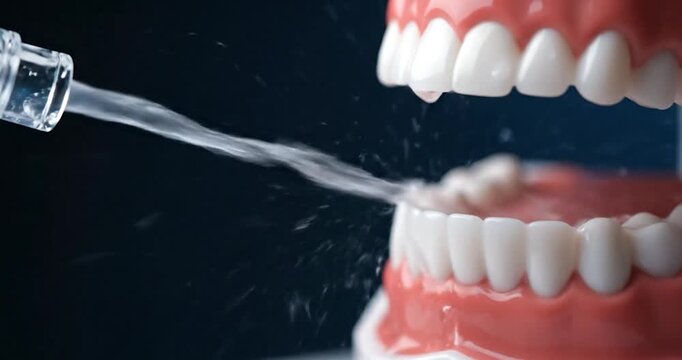 Slow-motion water flosser jet cleaning between healthy teeth. Advanced oral hygiene.