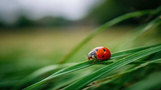 Close up of a ladybug on a green leaf in natural setting