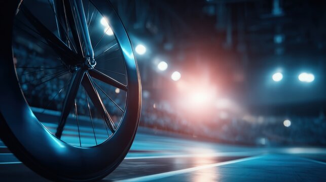 Close up view of a bicycle wheel in a sports arena during a race