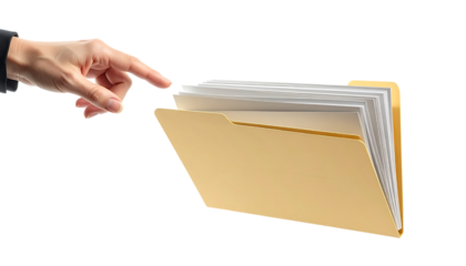 宙に浮くフォルダを操作するビジネスウーマンのデジタル管理コンセプト｜背景なし・透過PNG・コピースペース