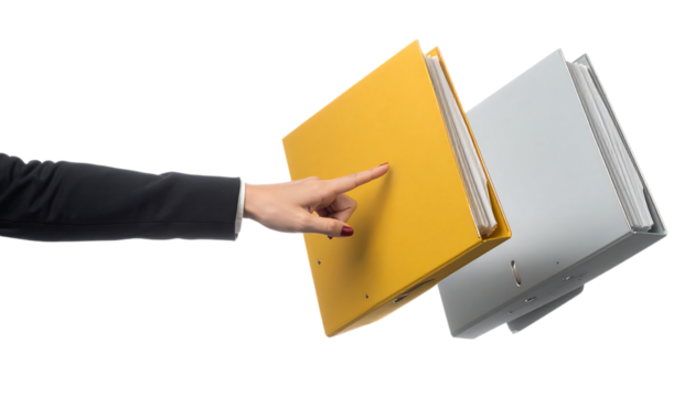 宙に浮くフォルダを操作するビジネスウーマンのデジタル管理コンセプト｜背景なし・透過PNG・コピースペース