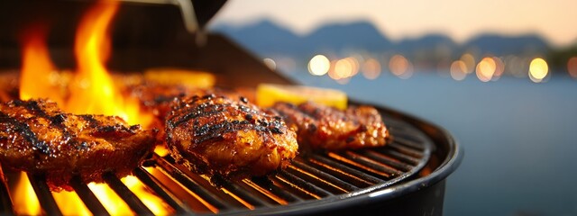 A barbecue setup by the lake showcases fresh fish expertly grilling over an open flame as the sun sets, creating a perfect atmosphere for outdoor dining and relaxation