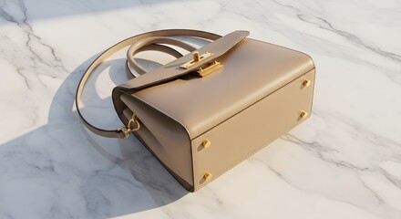 A beige leather handbag with golden hardware on a marble surface