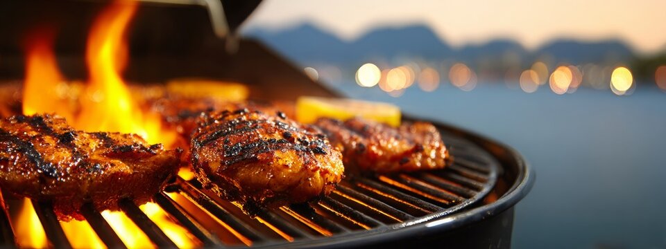 A barbecue setup by the lake showcases fresh fish expertly grilling over an open flame as the sun sets, creating a perfect atmosphere for outdoor dining and relaxation