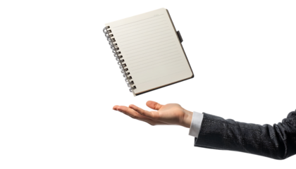 ビジネスウーマンが触れる浮遊ノート｜背景なし・透過PNG・コピースペース