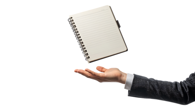 ビジネスウーマンが触れる浮遊ノート｜背景なし・透過PNG・コピースペース