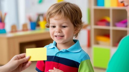 Caucasian toddler boy learning with flashcard in classroom. Teacher showing card during speech therapy or lesson. Early childhood education and development. Childcare, psychology, educational services