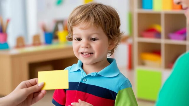 Caucasian toddler boy learning with flashcard in classroom. Teacher showing card during speech therapy or lesson. Early childhood education and development. Childcare, psychology, educational services