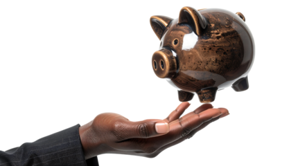 浮かぶ貯金箱に触れる女性の手が象徴する資産管理コンセプト｜背景なし・透過PNG・コピースペース
