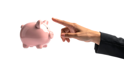 浮かぶ貯金箱に触れる女性の手が象徴する資産管理コンセプト｜背景なし・透過PNG・コピースペース