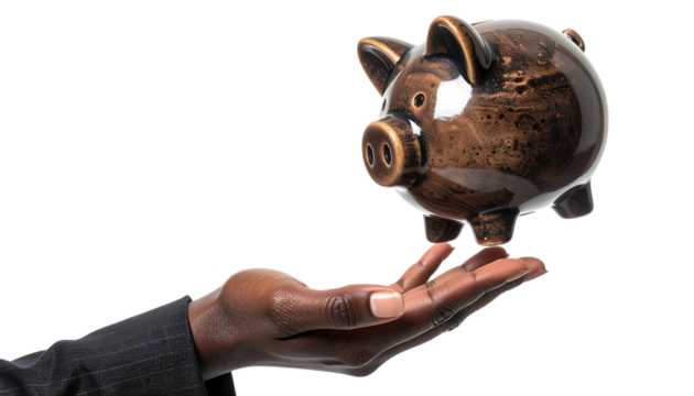 浮かぶ貯金箱に触れる女性の手が象徴する資産管理コンセプト｜背景なし・透過PNG・コピースペース